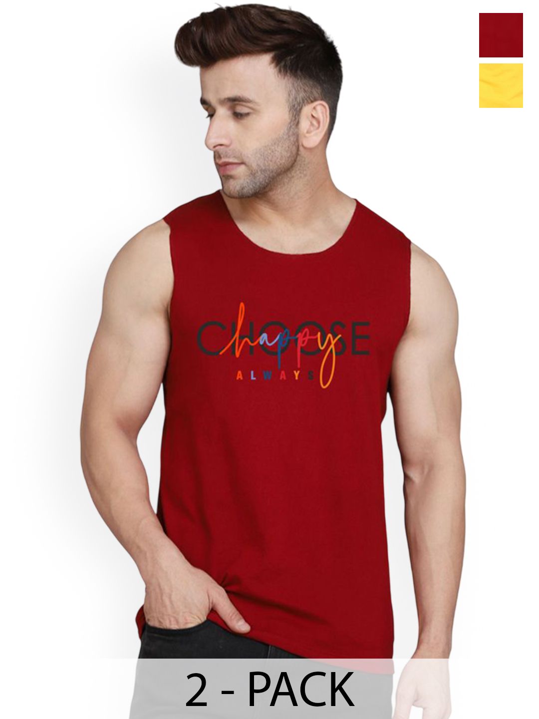 SLOWLORIS Pack Of 2 Printed Round Neck Gym Vests VSL26 CMB(CHS MAROON)(PLAIN YELLOW)-picture-18
