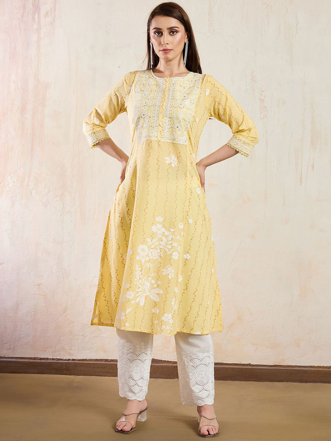 Madhuni Floral Embroidered Mirror Work Flared A-Line Pure Cotton Kurta With Palazzos