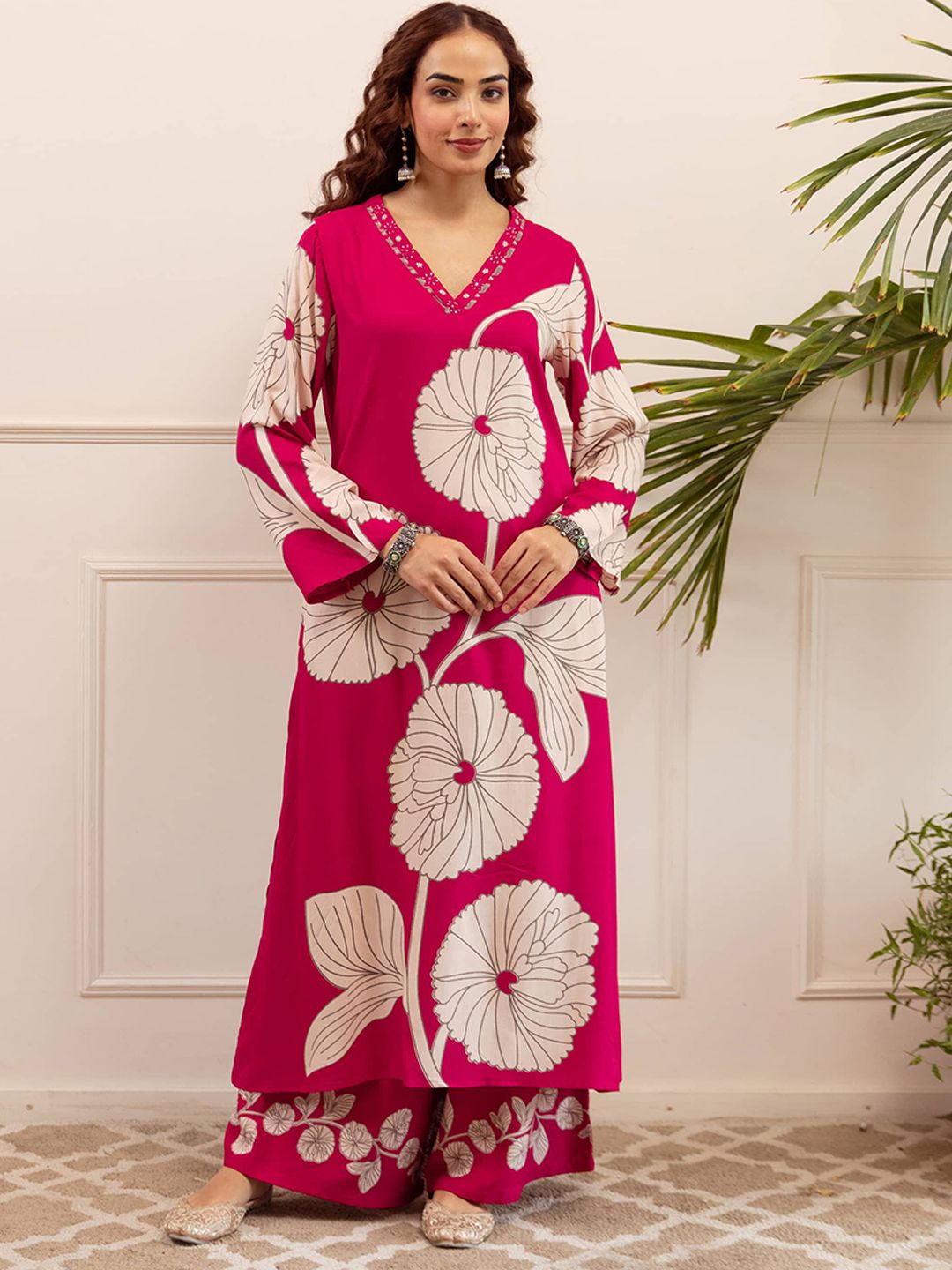 KALINI Women Floral Printed Regular Sequinned Kurta with Palazzos Kurta Sets