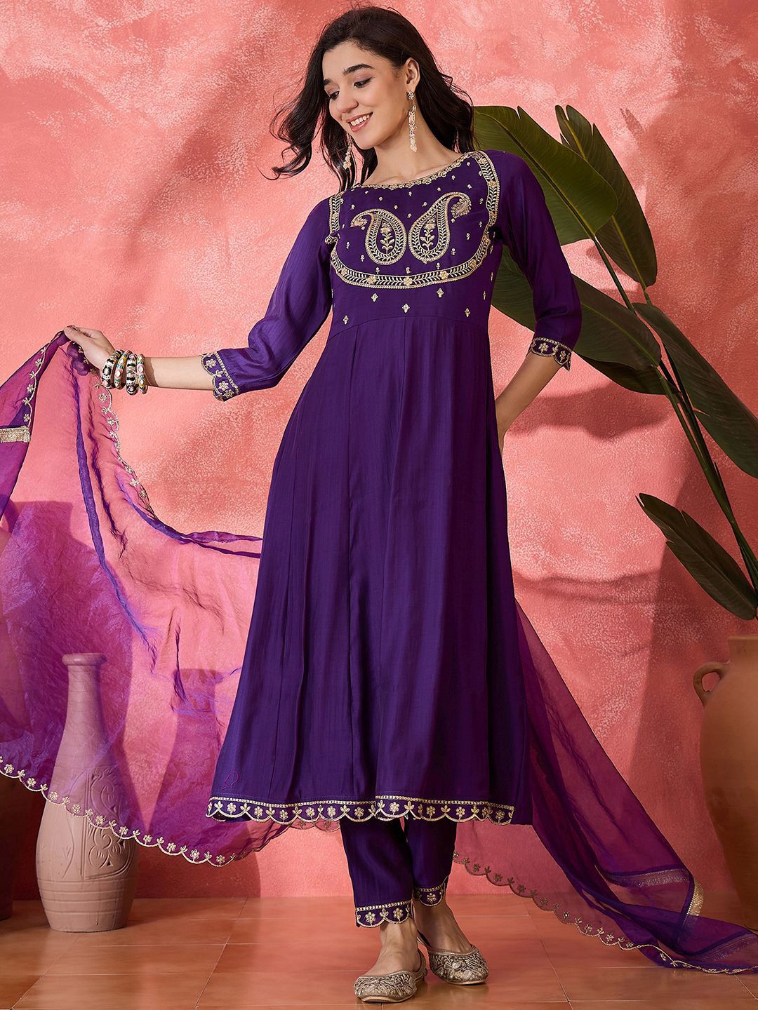 Sangria Women Ethnic Motifs Embroidered A-Line Kurta with Trouser & Dupatta