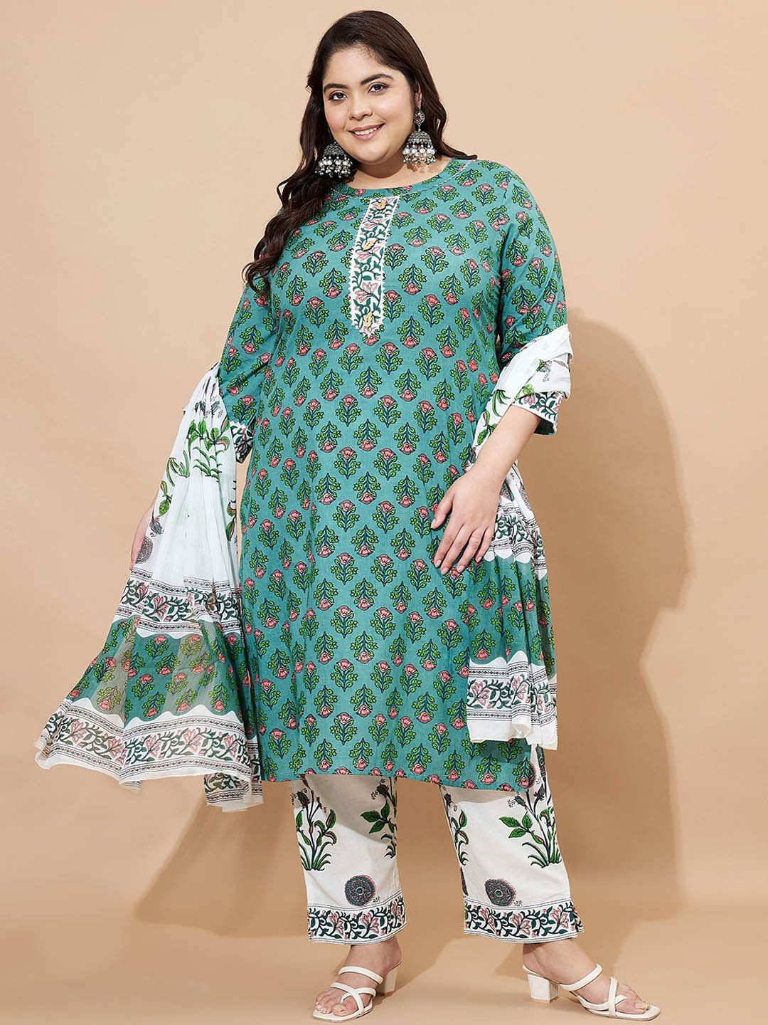 GULMEHAK Women Plus Size Floral Printed Pure Cotton Kurta with Trouser & Dupatta