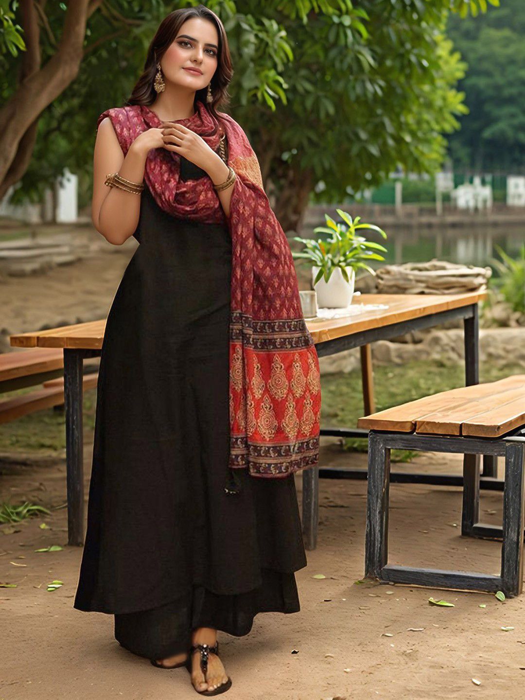 Moda Rapido Round Neck Anarkali Kurta With Palazzos & Dupatta