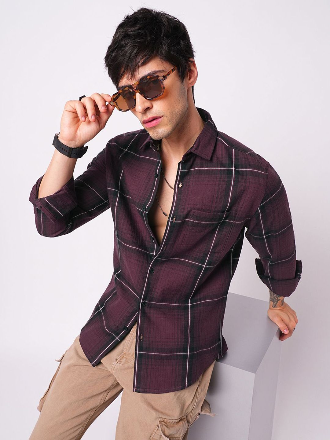 VASTRADO Classic Slim Fit Windowpane Checked Cotton Casual Shirt-picture-15