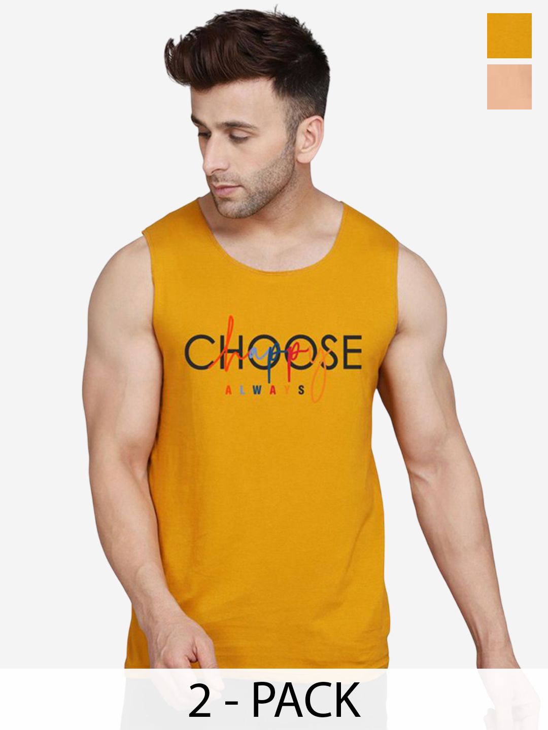 SLOWLORIS Pack Of 2 Printed Cotton Gym Vests VSL26 CMB(CHS MUSTARD)(PLAIN RUST)-picture-39