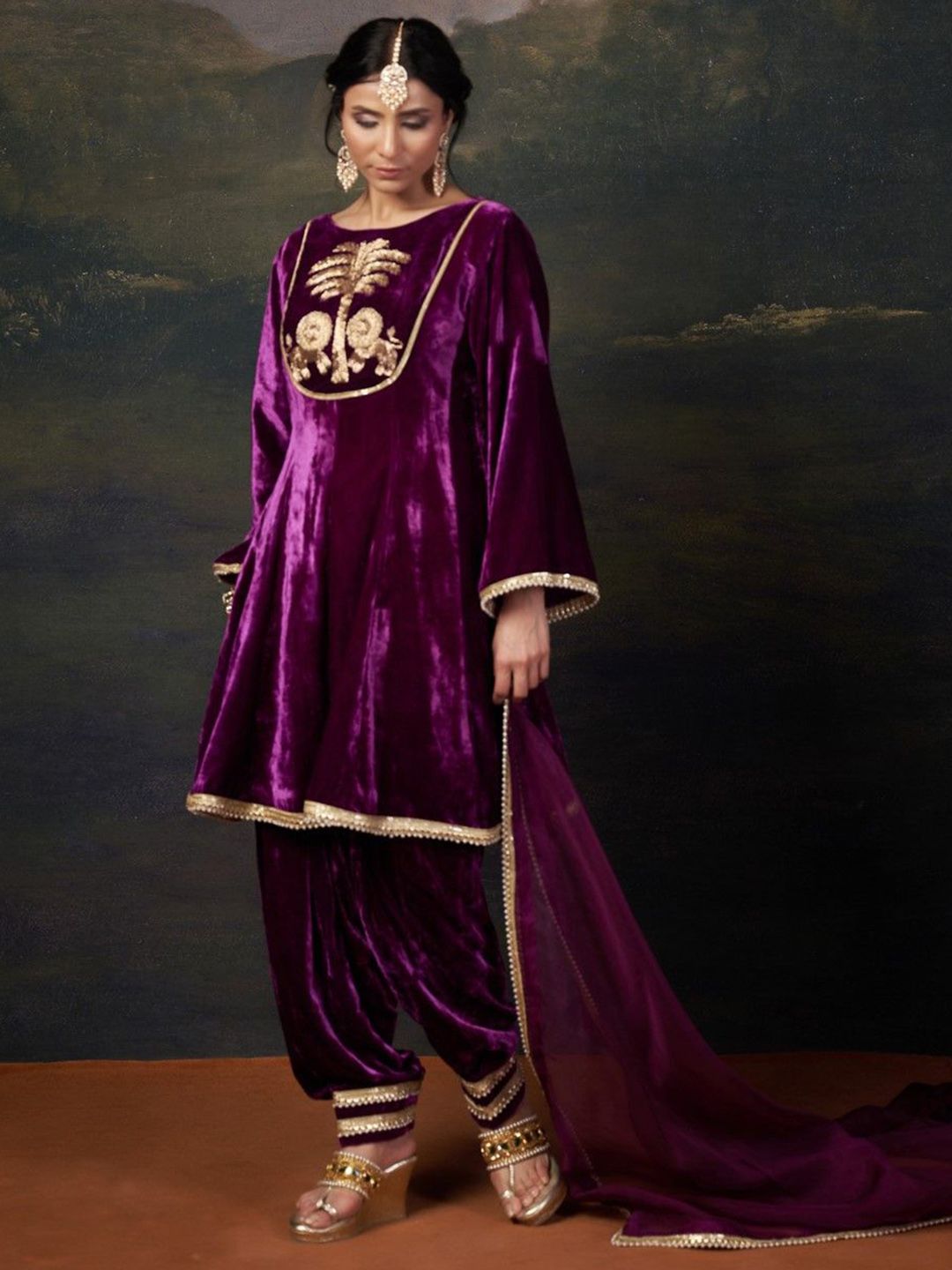 THETAA Women Embroidered Regular Zardozi Velvet Kurta with Salwar & With Dupatta-picture-16