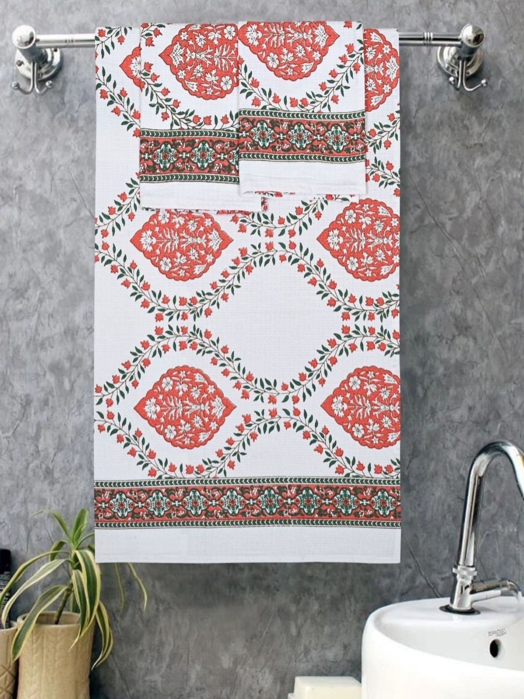 CHICERY White & Green 3 Pieces Floral Printed Cotton 400 GSM Bath Towels-picture-17