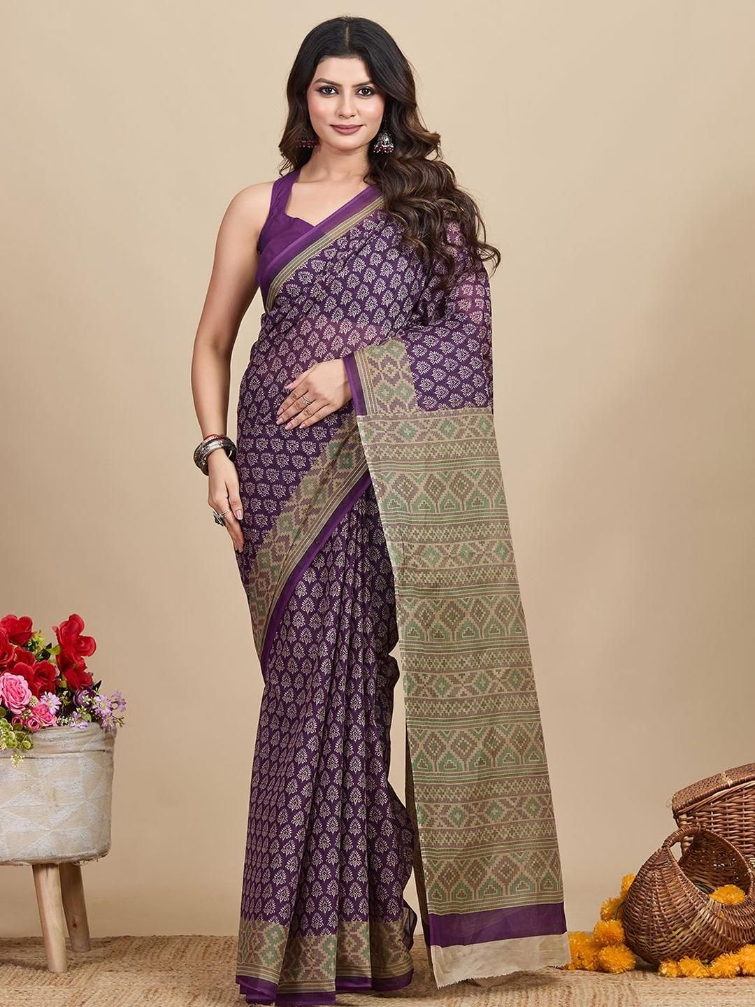 SHANVIKA Ethnic Motifs Printed Pure Cotton Saree-picture-20