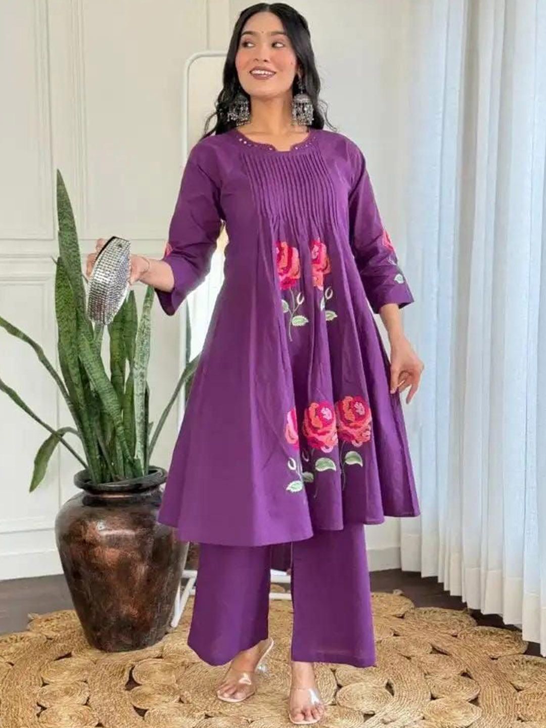 Art Avenue Women Floral Embroidered Pure Cotton Anarkali Kurta with Palazzo