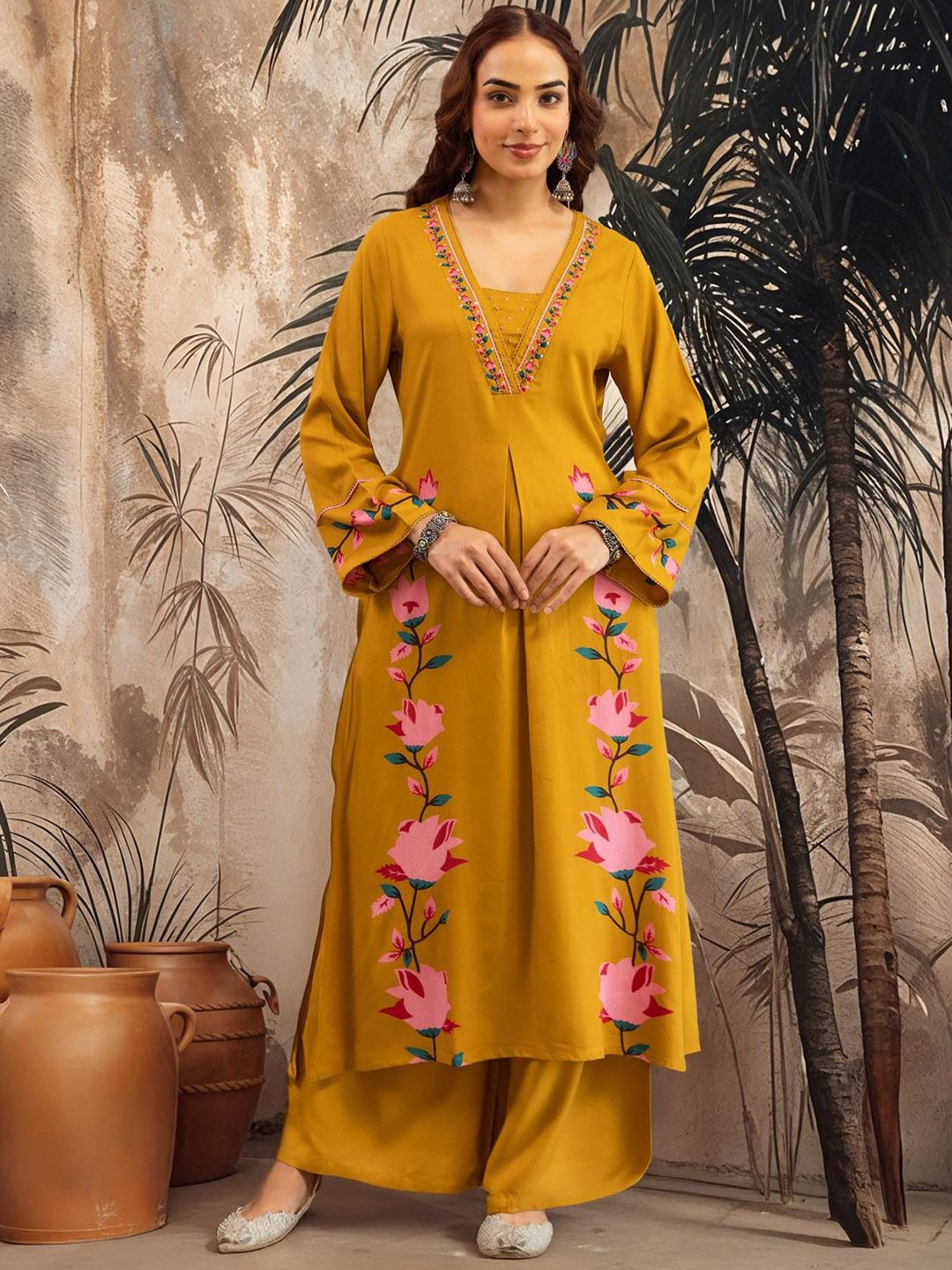 Sangria Floral Printed Square Neck Sequinned Straight Kurta With Palazzos