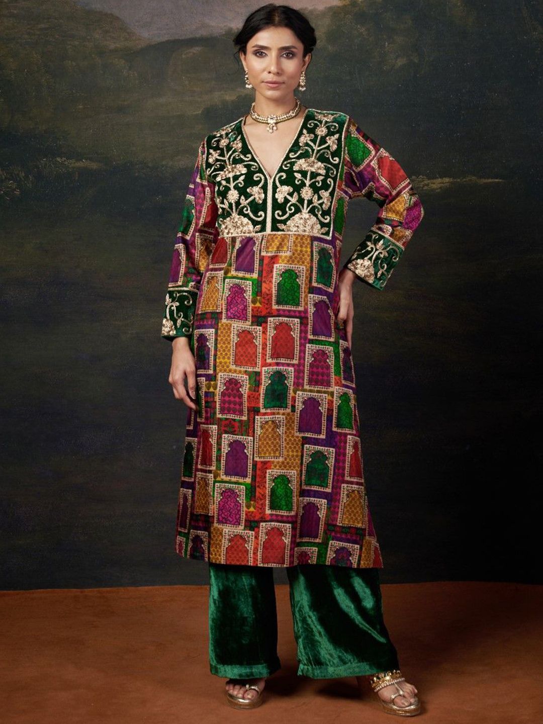 THETAA Geometric Printed Regular Pure Silk Kurta With Palazzos-image-40