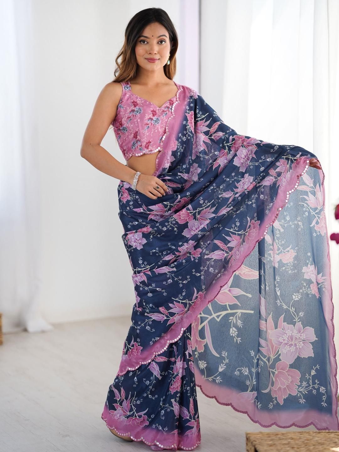 Kalista Women Floral Print Mirror Work Pure Chiffon Saree-picture-38