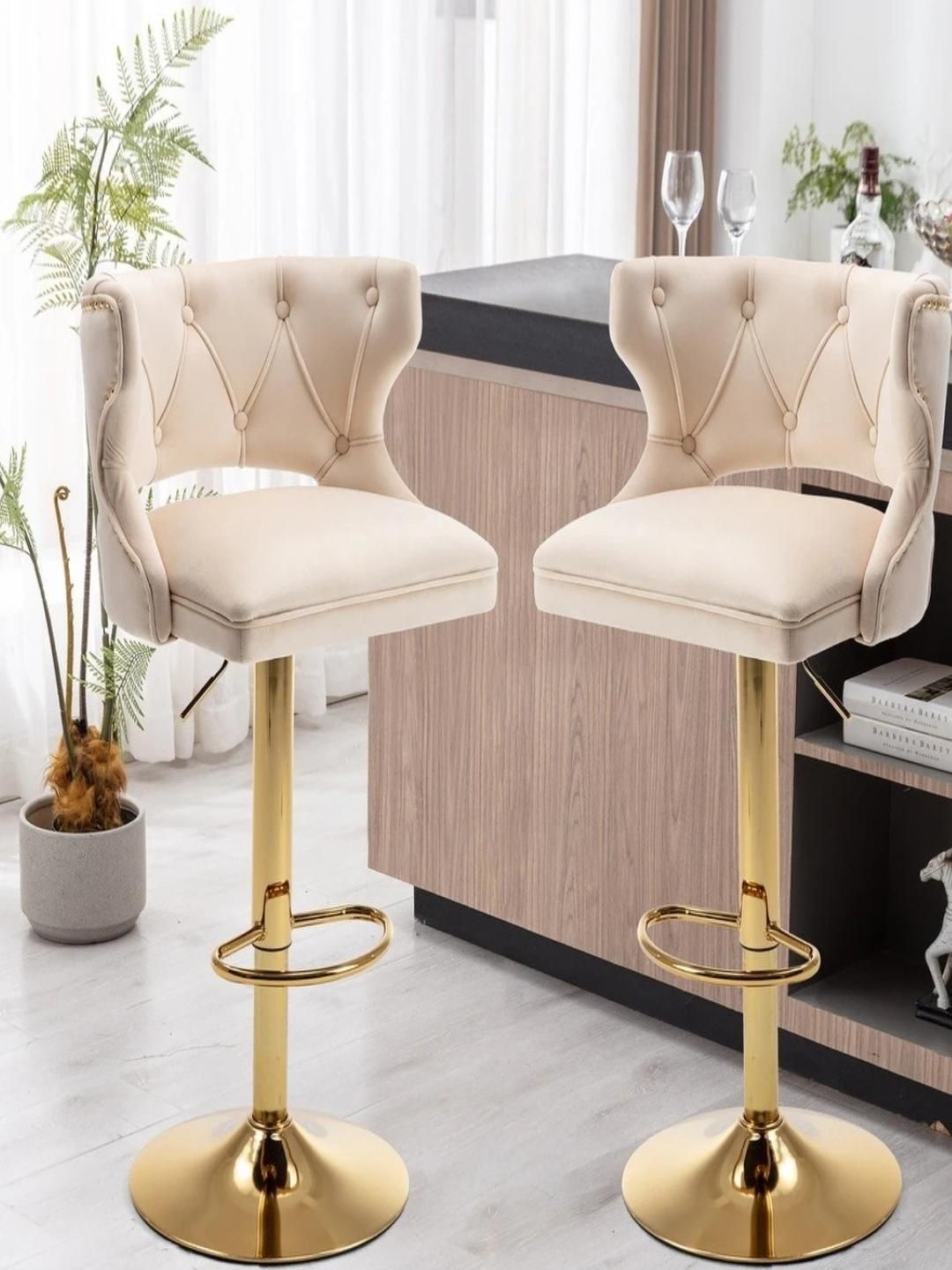 Doe Buck Velvet Tufted Bar Chairs with Golden Base