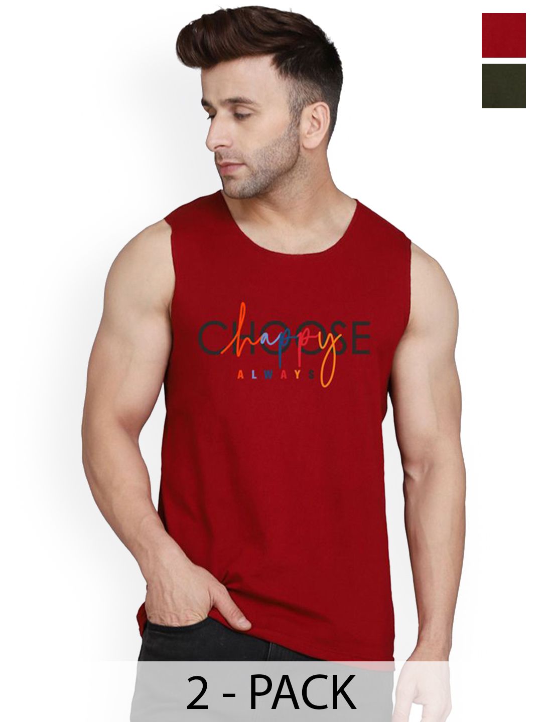 SLOWLORIS Pack of 2 Printed Combed Cotton Vest VSL26 CMB(CHS MAROON)(PLAIN OLIVE)-picture-32