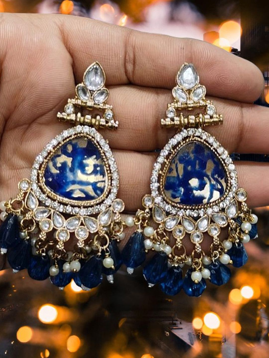 OPUS GEMS Artificial Stones Studded & Beaded Teardrop Shaped Drop Earrings-picture-33