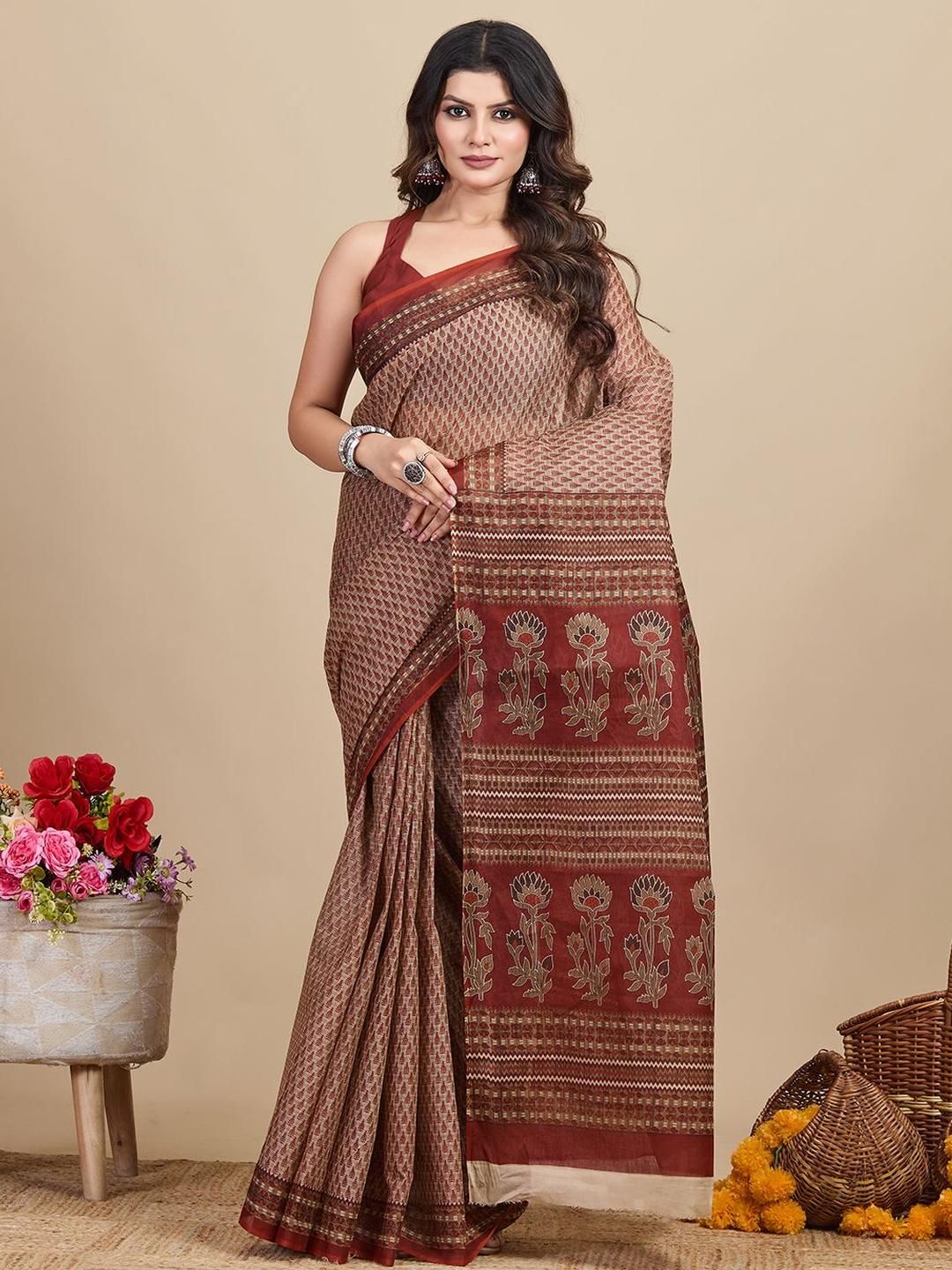SHANVIKA Ethnic Motifs Printed Pure Cotton Saree-picture-36