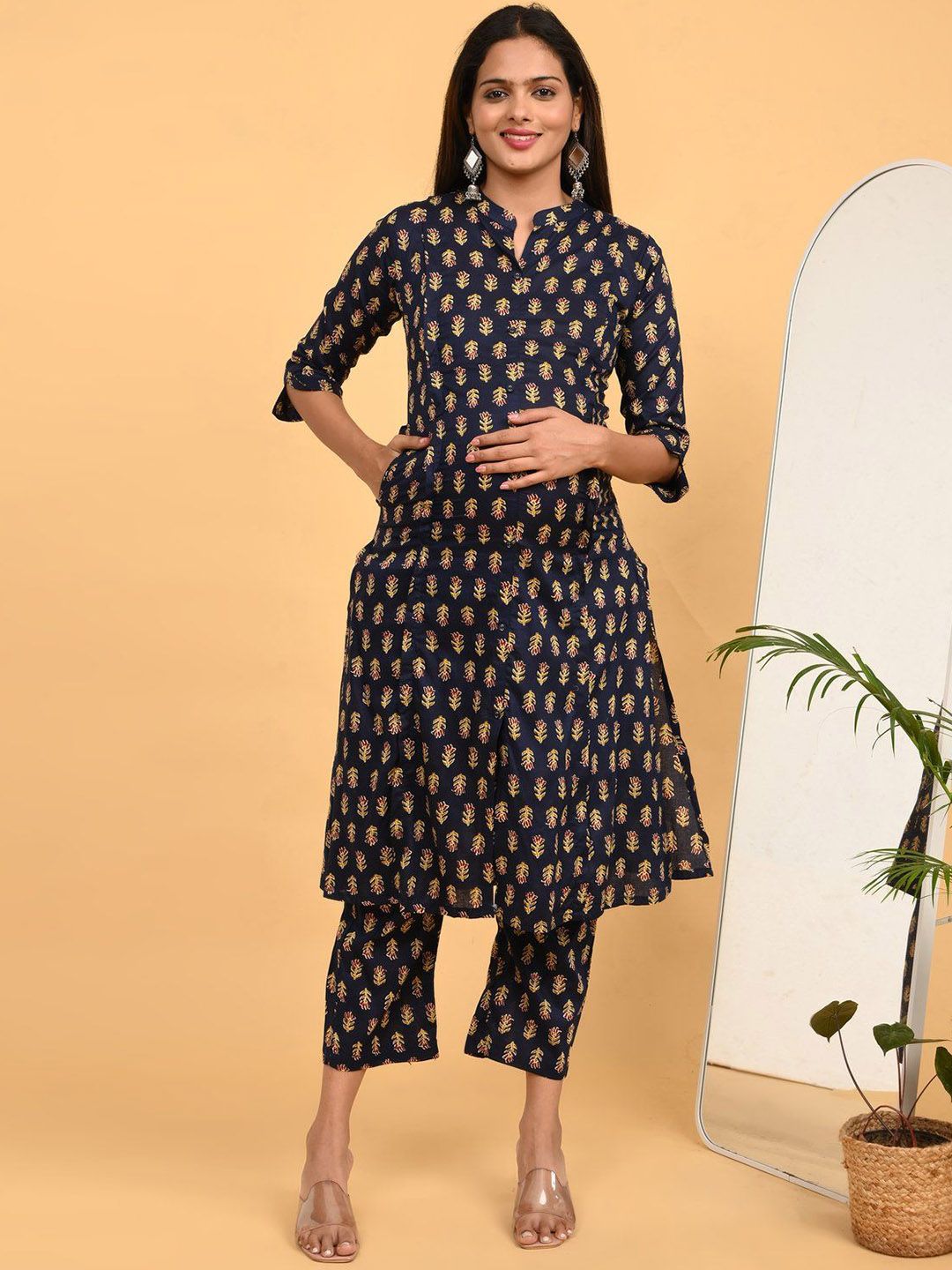GOLDSTROMS Floral Printed Straight Pure Cotton Maternity Kurta With Trousers