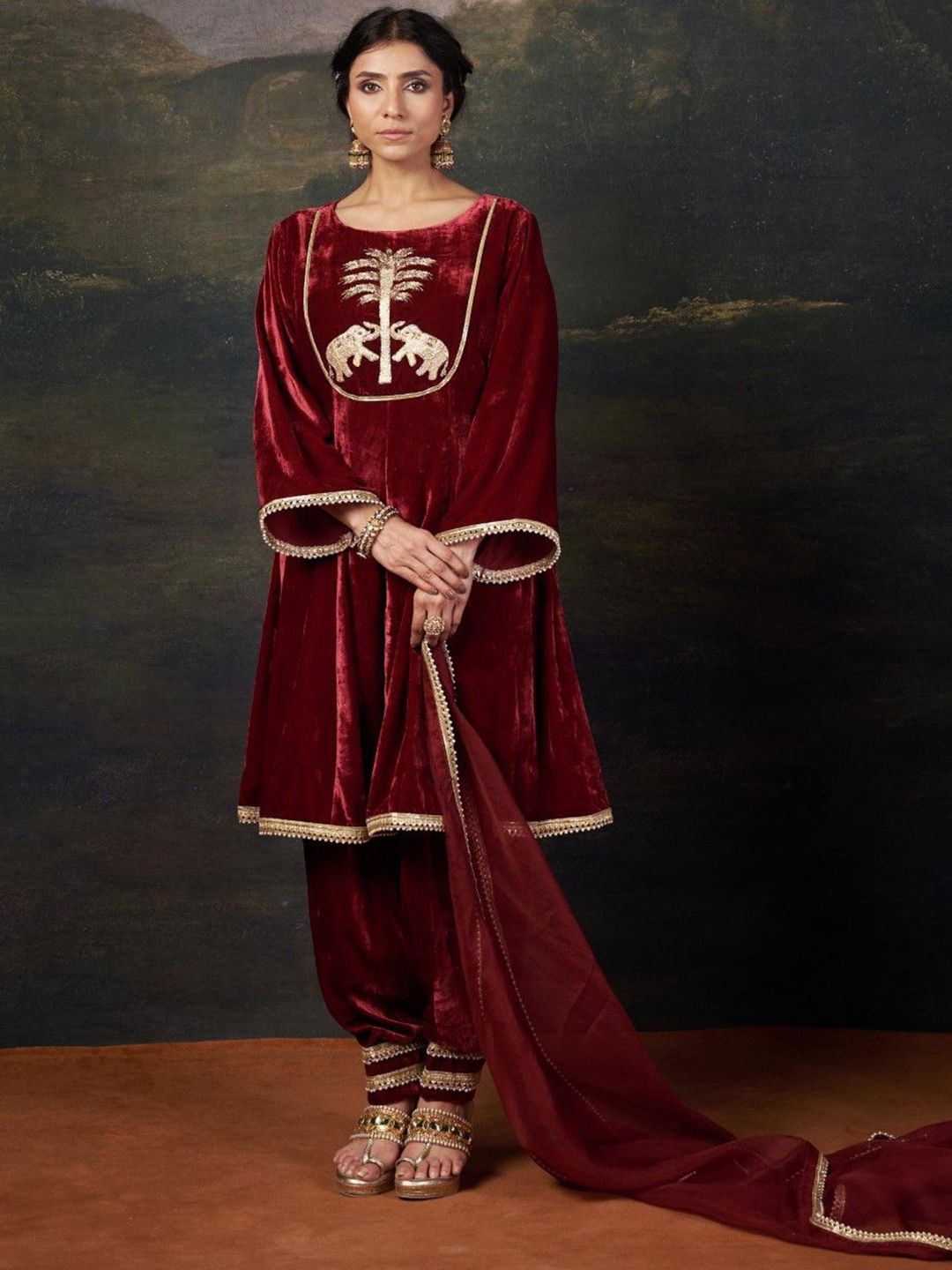 THETAA Ethnic Motifs Embroidered Zardozi Velvet Anarkali Kurta with Salwar & Dupatta-picture-20