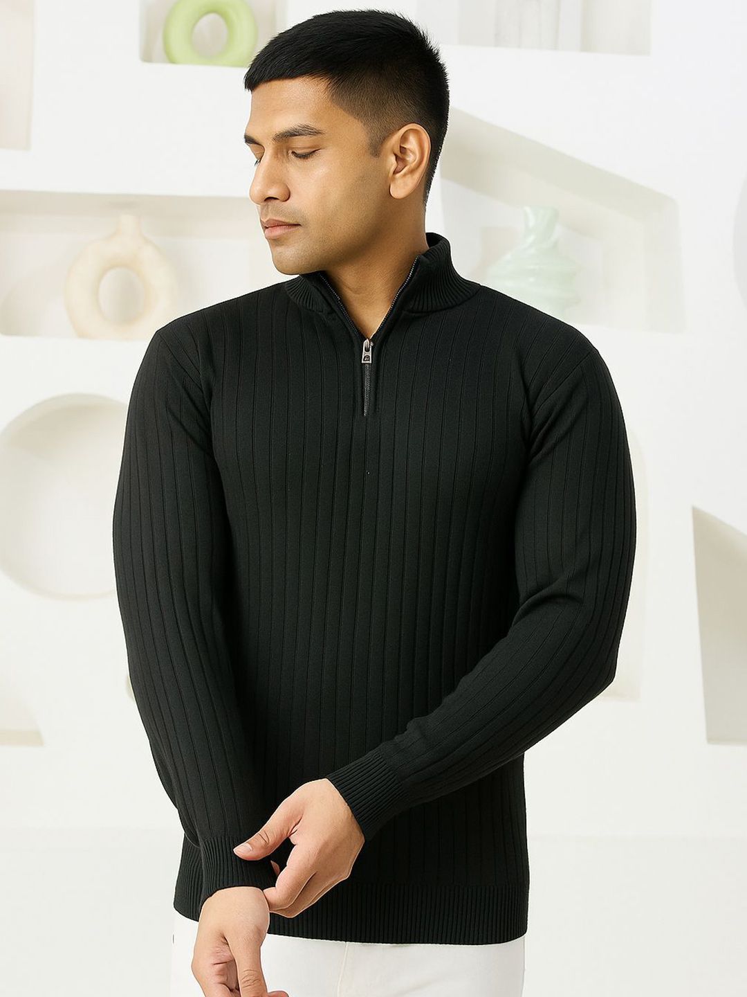 Colorchakra Men High Neck Half Zipper Woollen Pullover-picture-25