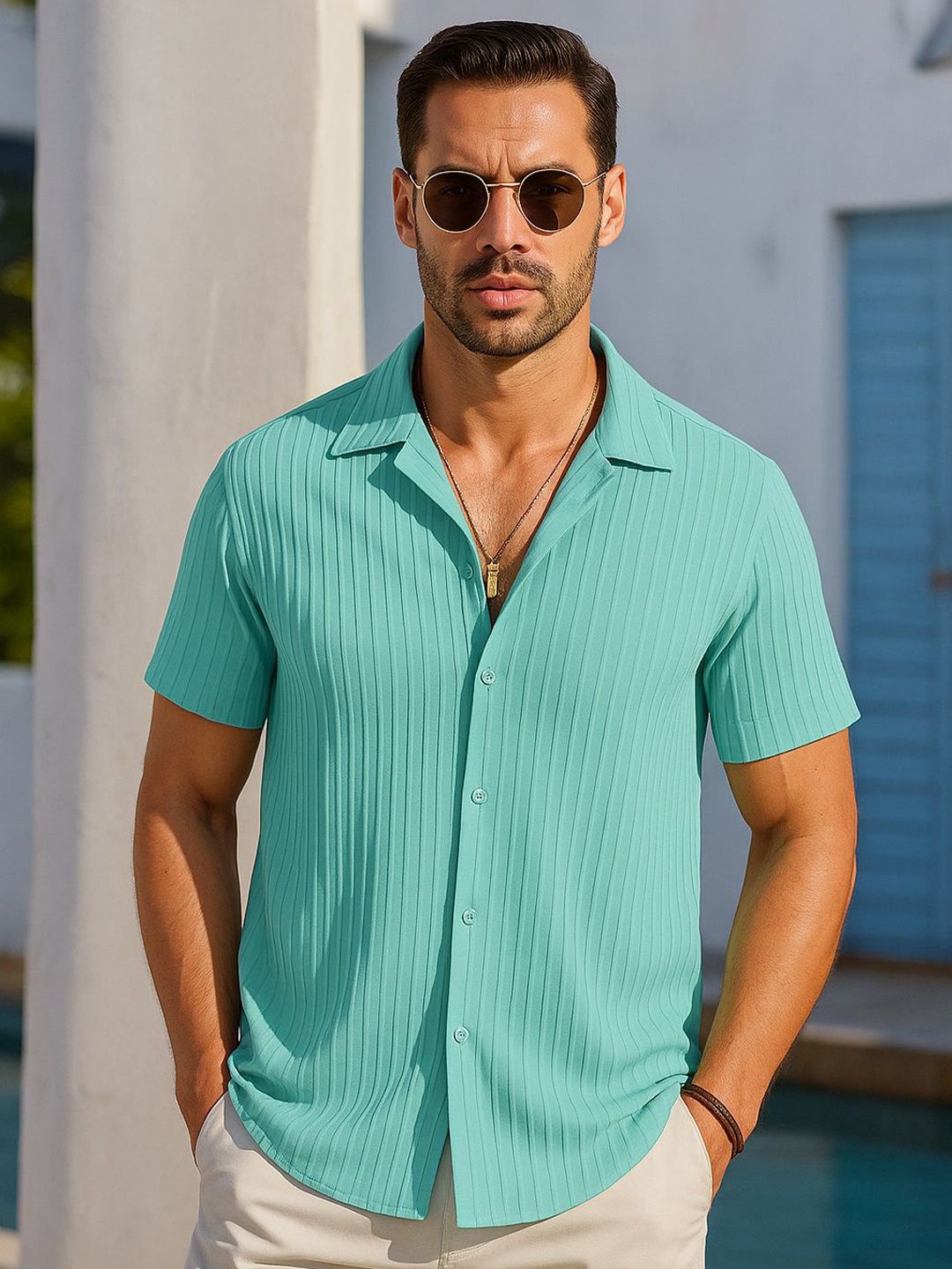 Kasendra Men Comfort Fit Textured Spread Collar Casual Shirt-picture-17