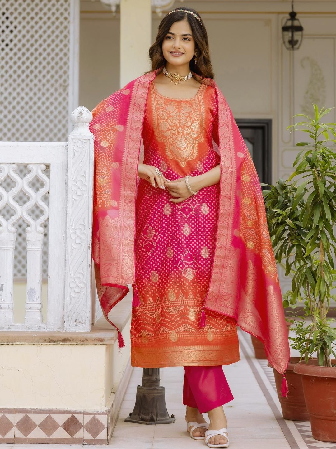 CaniBani Women Orange Chanderi Silk Kurta Sets