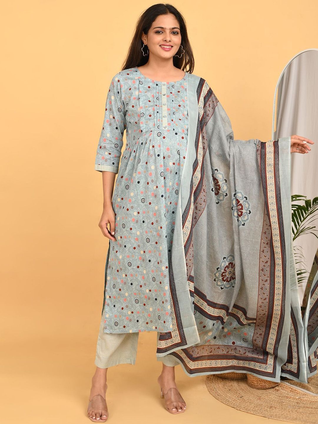 GOLDSTROMS Women Geometric Printed Pure Cotton A-Line Kurta with Trouser & Dupatta