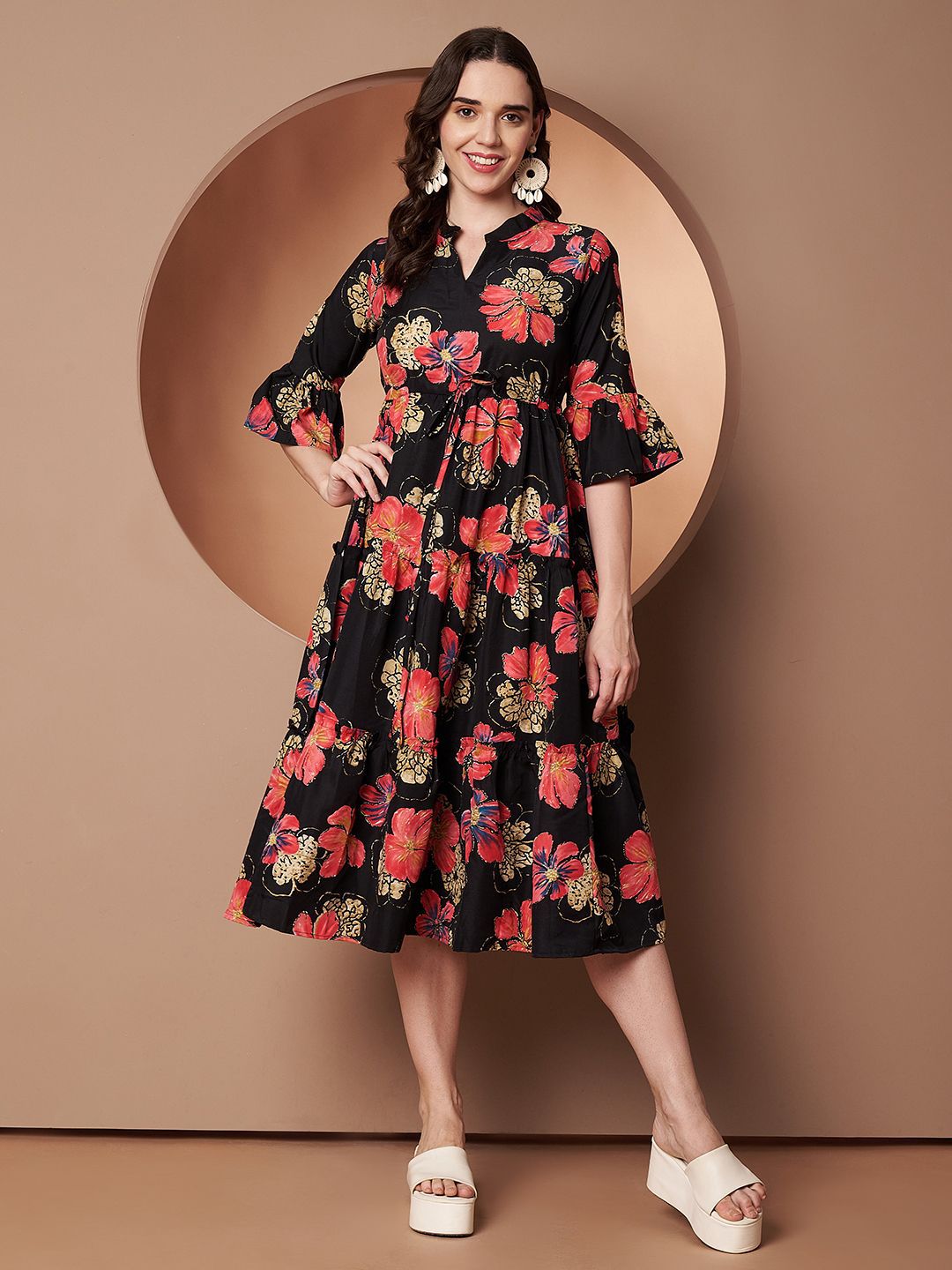 OTABU Women Floral Printed Lace-Up Bell Sleeve A-Line Midi Dress-picture-24