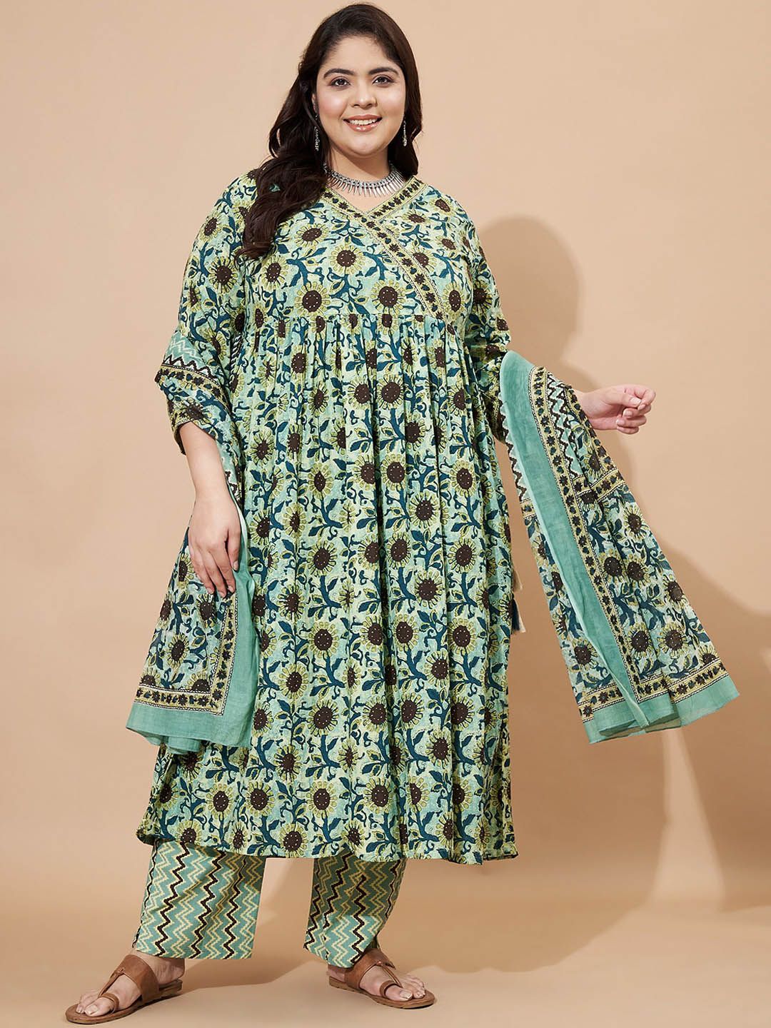 GULMEHAK Floral Printed Anarkali Pure Cotton Kurta With Trousers & Dupatta