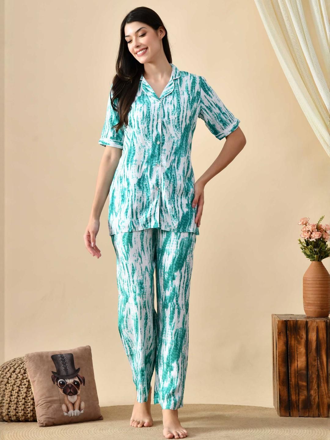 Mintmarie Green & White Rayon Night Suit Set-picture-46