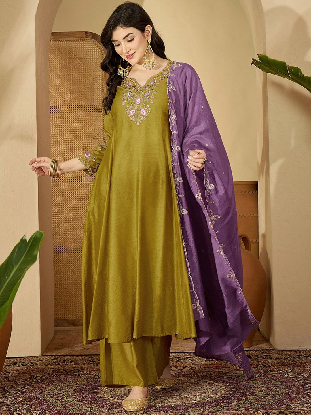 Sangria Women Ethnic Motifs Embroidered A-Line Kurta with Palazzo & Dupatta-picture-15