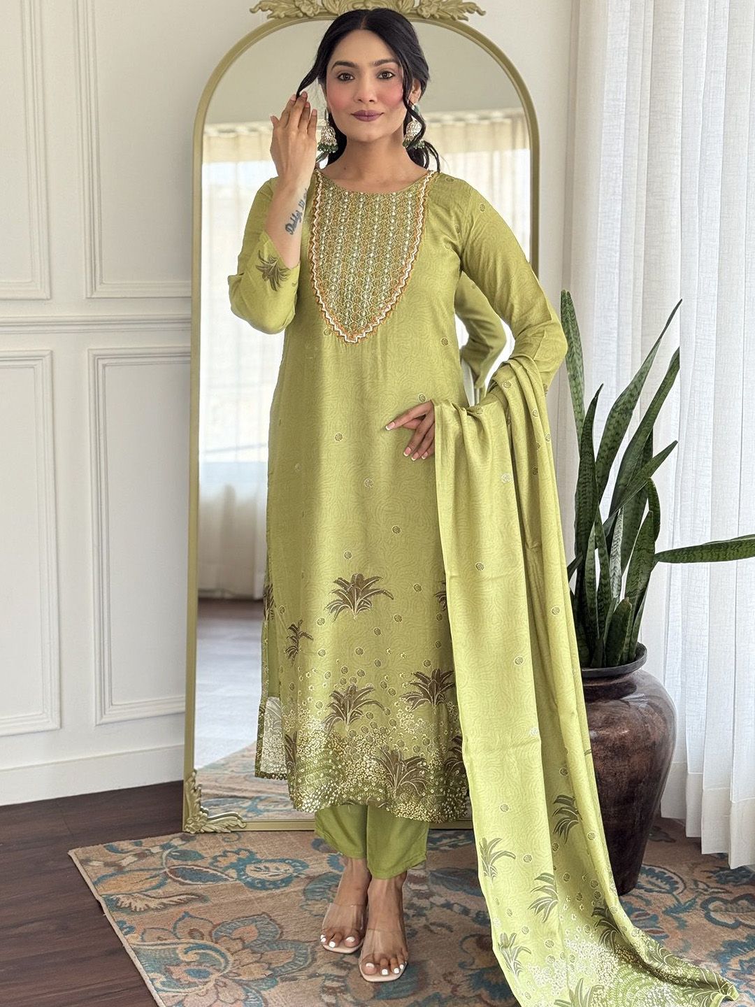 S.K.C Ethnic Motifs Yoke Design V-Neck Pure Cotton Straight Kurta With Trousers & Dupatta