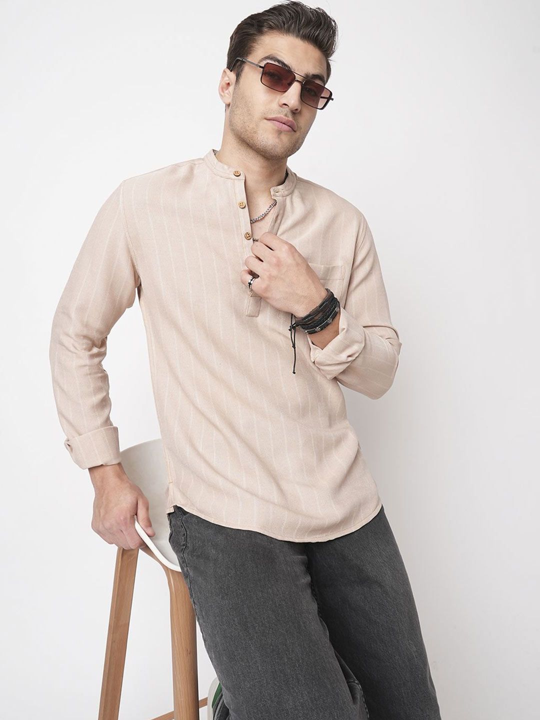 VASTRADO Striped Band Collar Cotton Straight Short Kurta-picture-41
