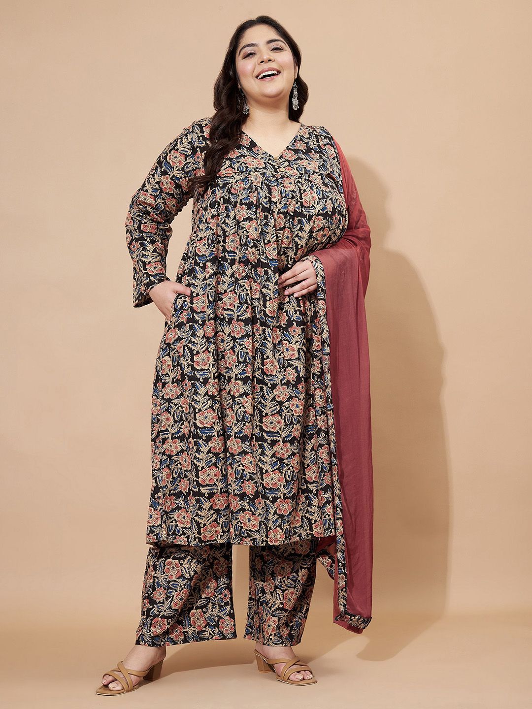 GULMEHAK Women Plus Size Floral Printed Pure Cotton A-Line Kurta with Palazzo & Dupatta