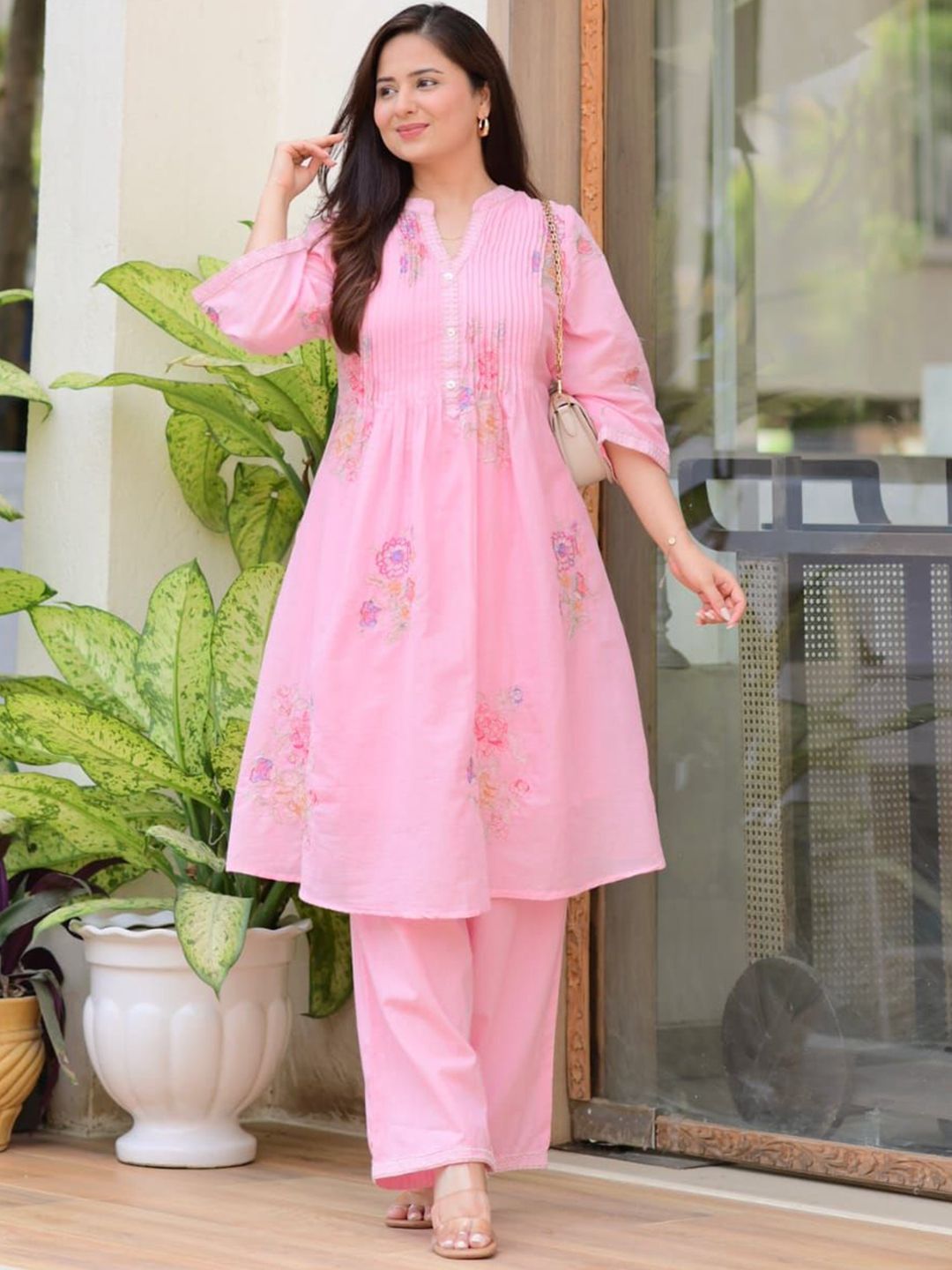 Art Avenue Women Floral Embroidered Pure Cotton Anarkali Kurta with Trouser