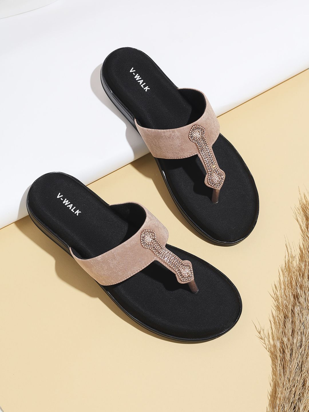 V-WALK Women Embellished Casual T-Strap Flats-image-4