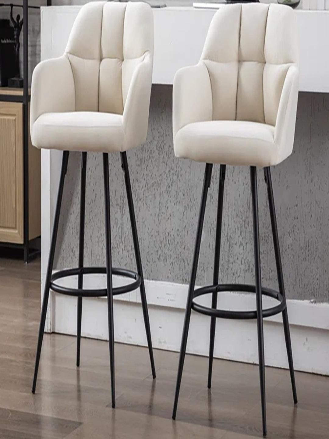 DOE BUCK Cream Set Of 2 Black Metal Legs Faux Leather Bar Chairs-image-12