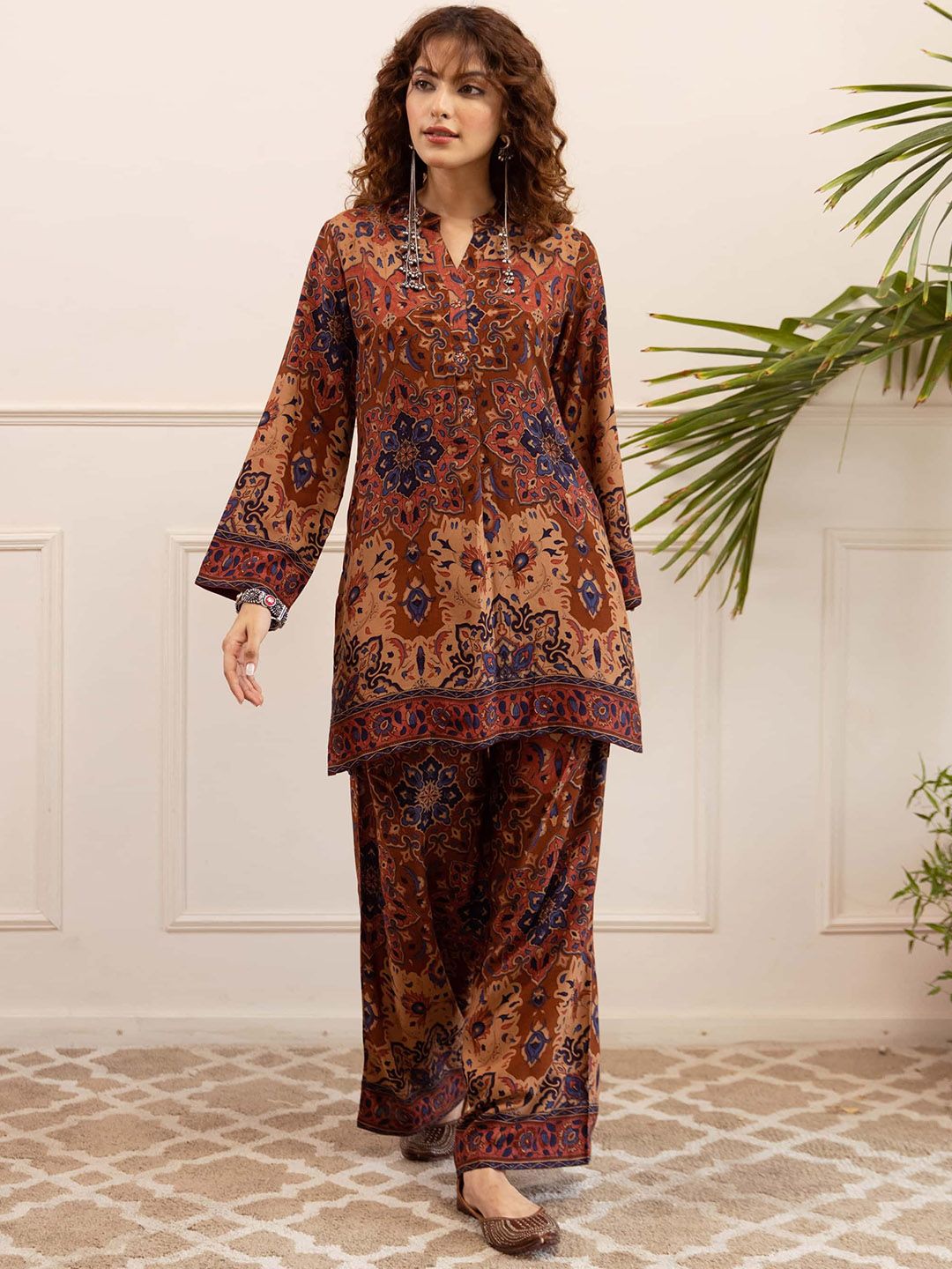 KALINI Floral Printed Mandarin Collar A-Line Beads and Stones Kurta With Palazzos-picture-28