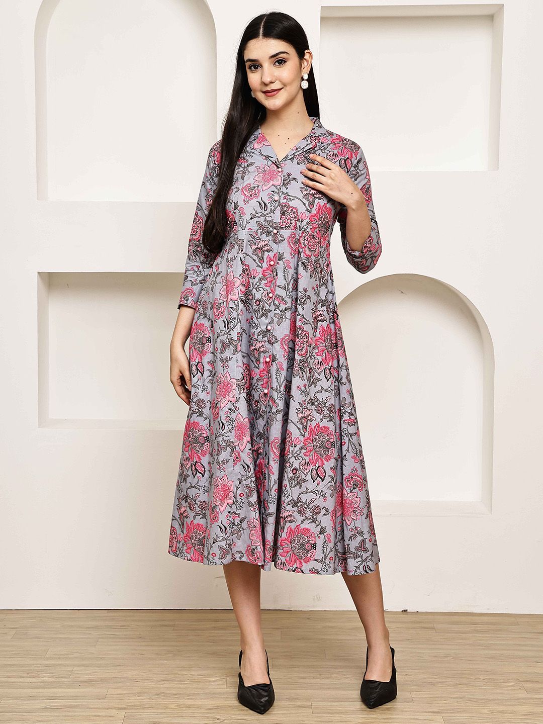 KALINI Women Shirt Collar Floral Printed Pure Cotton A-Line Midi Dress-picture-27