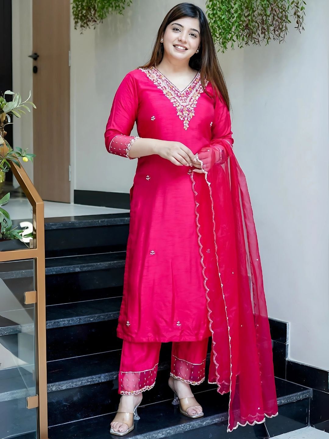 KALINI Embroidered V-Neck Chanderi Silk Straight Kurta With Trousers & Dupatta