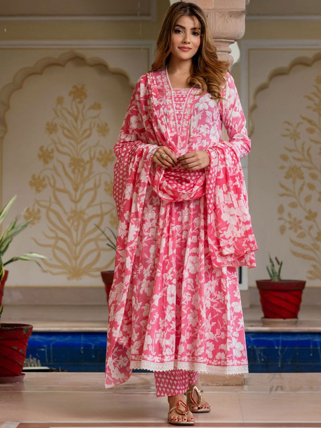 KALINI Women Floral Printed Regular Sequinned Pure Cotton Kurta with Trousers & Dupatta