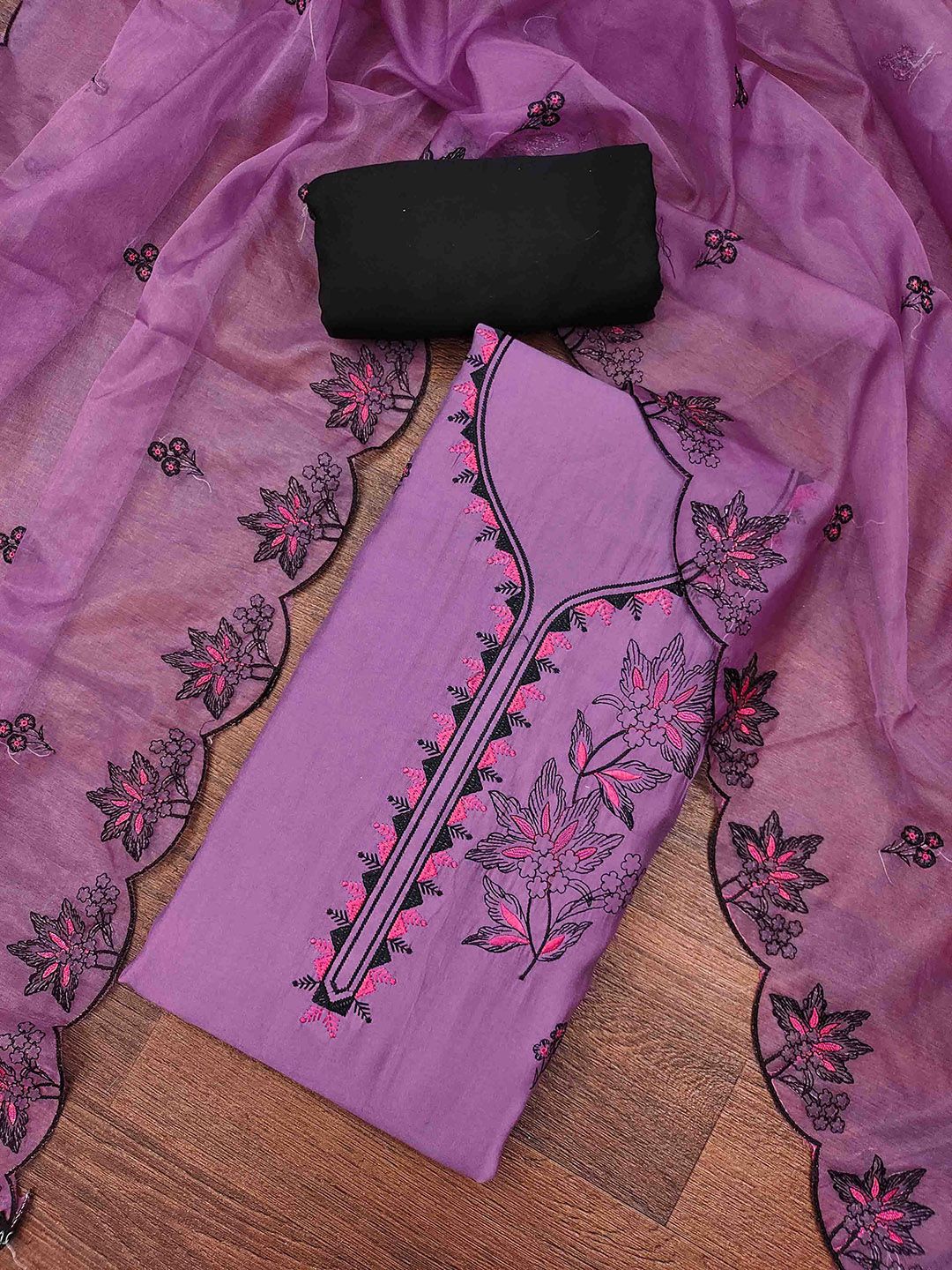 Blissta Floral Embroidered Thread Work Unstitched Dress Material-picture-11