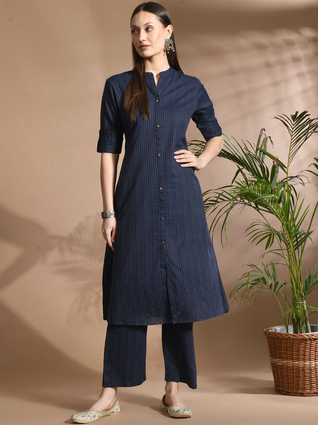 HERE&NOW Striped Regular Pure Cotton Kurta With Trousers