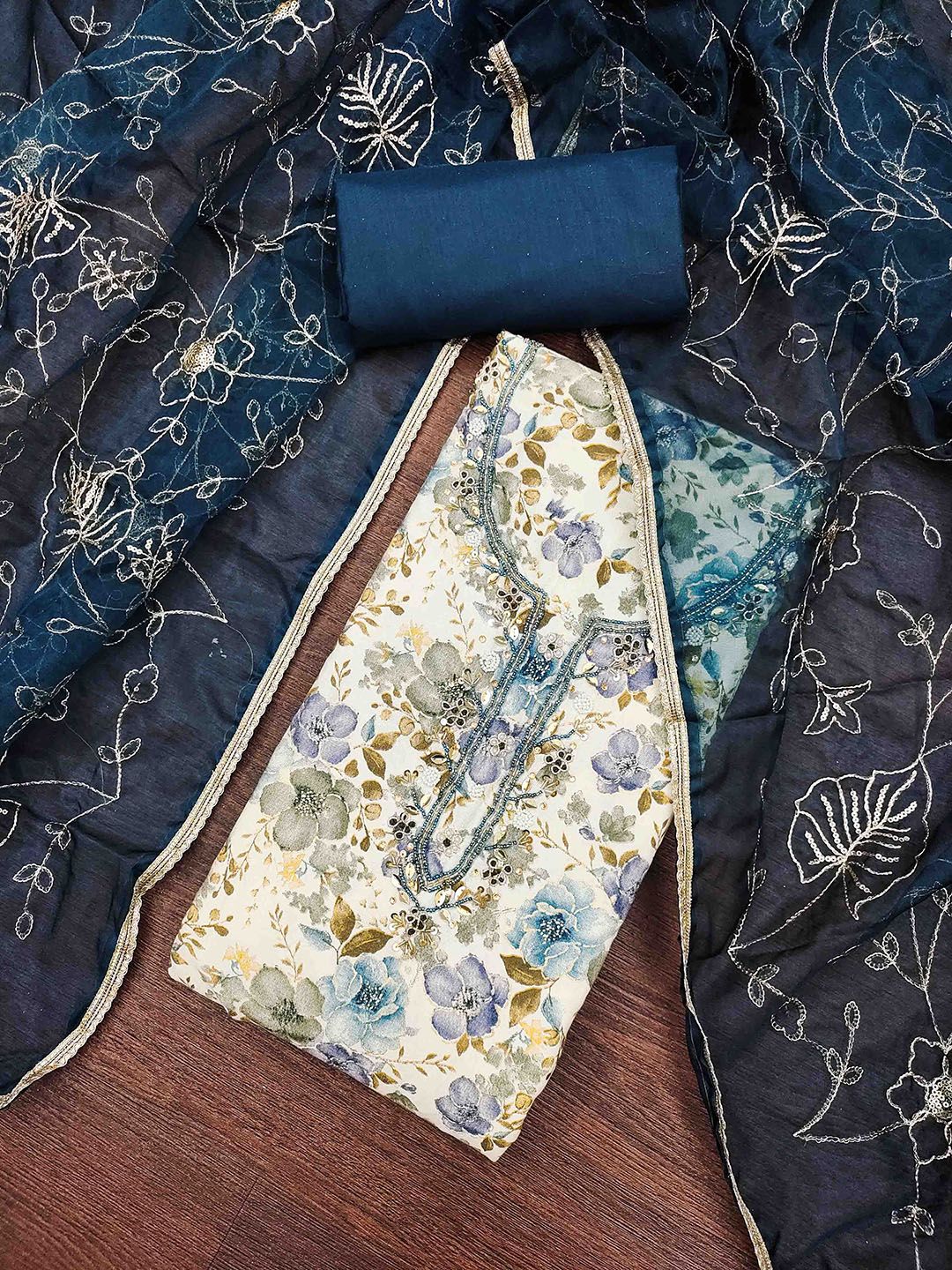 Blissta Floral Printed Beads And Stones Unstitched Dress Material-picture-26