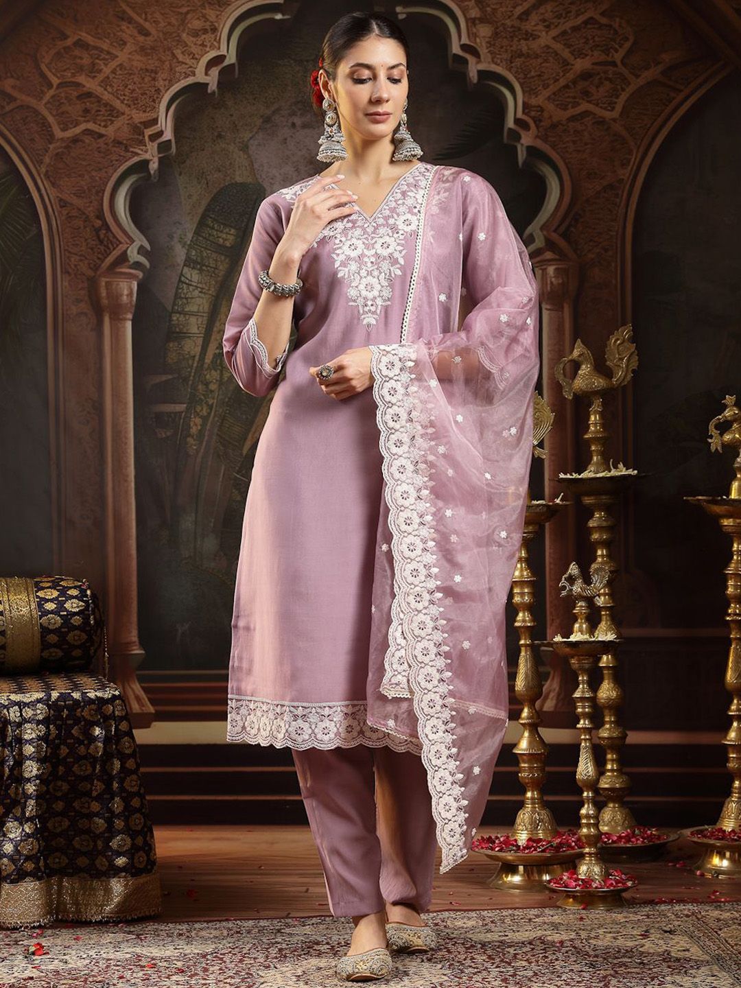 Stylum Embroidered Straight Sequinned Kurta With Trousers & Dupatta