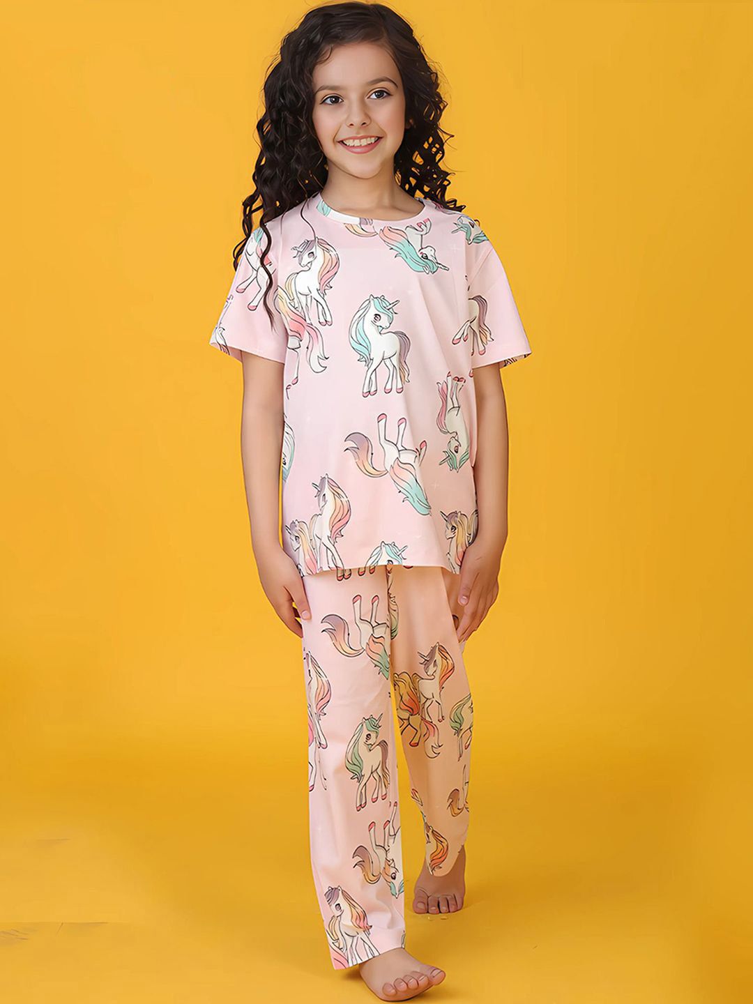 YK Girls Conversational Unicorn star Printed Round Neck Pure Cotton Night suit-picture-20