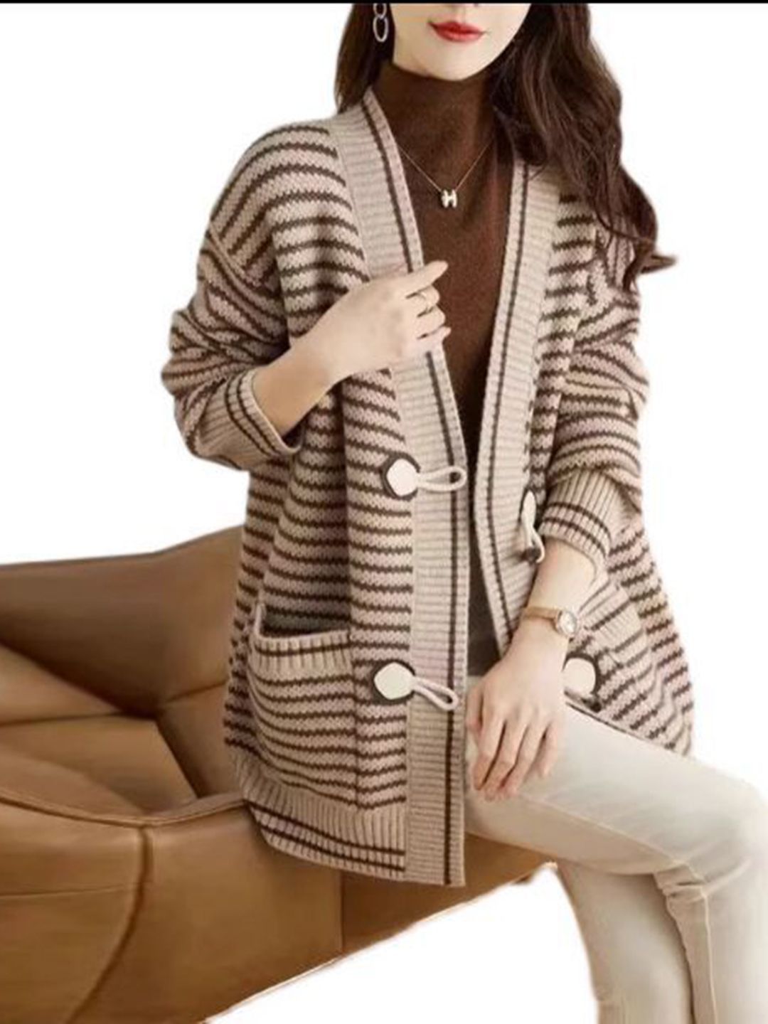 Mast & Harbour Women Striped Longline Cotton Front-Open Sweater-image-33