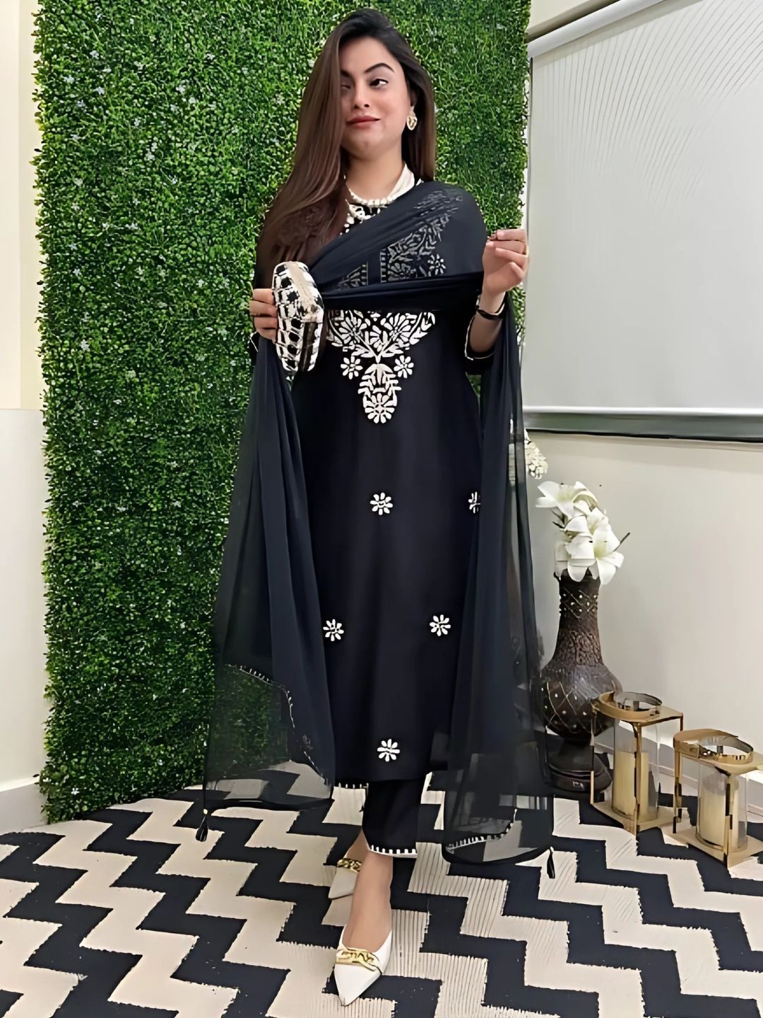 KALINI Women Floral Embroidered Regular Sequinned Kurta & Trousers With Dupatta