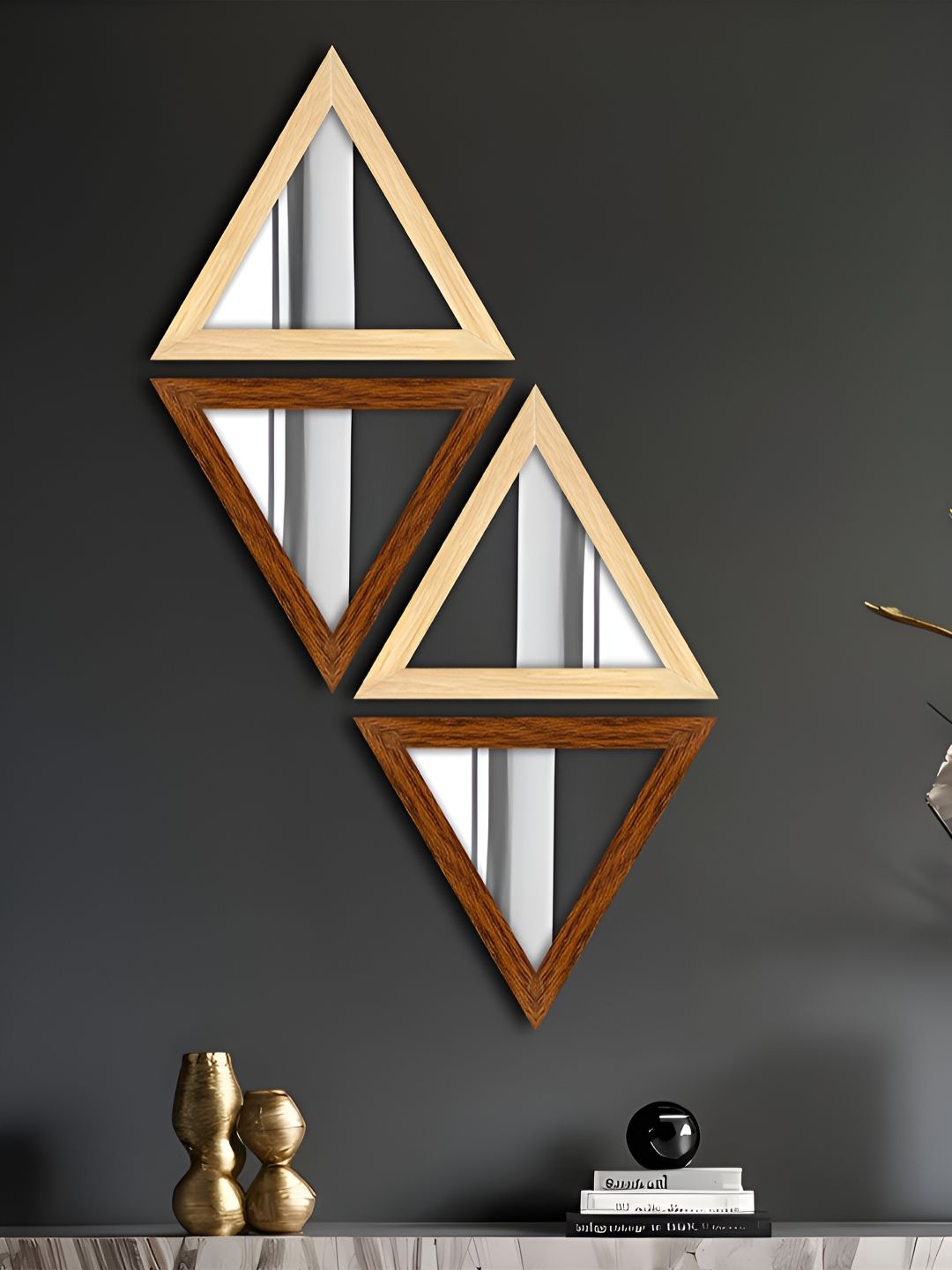 Art Street Brown & Beige 4 Pieces Triangular Shaped Hanging Hook Wall Mirrors-picture-22