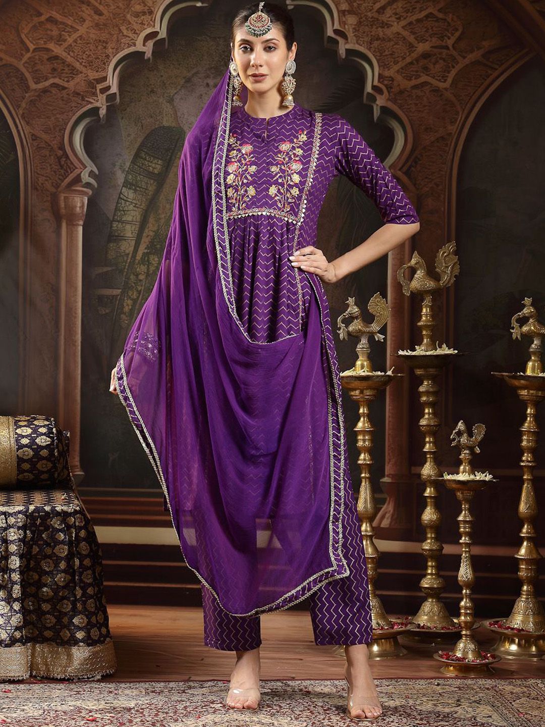 Stylum Ethnic Motifs Printed Thread Work Straight Kurta With Trousers & Dupatta