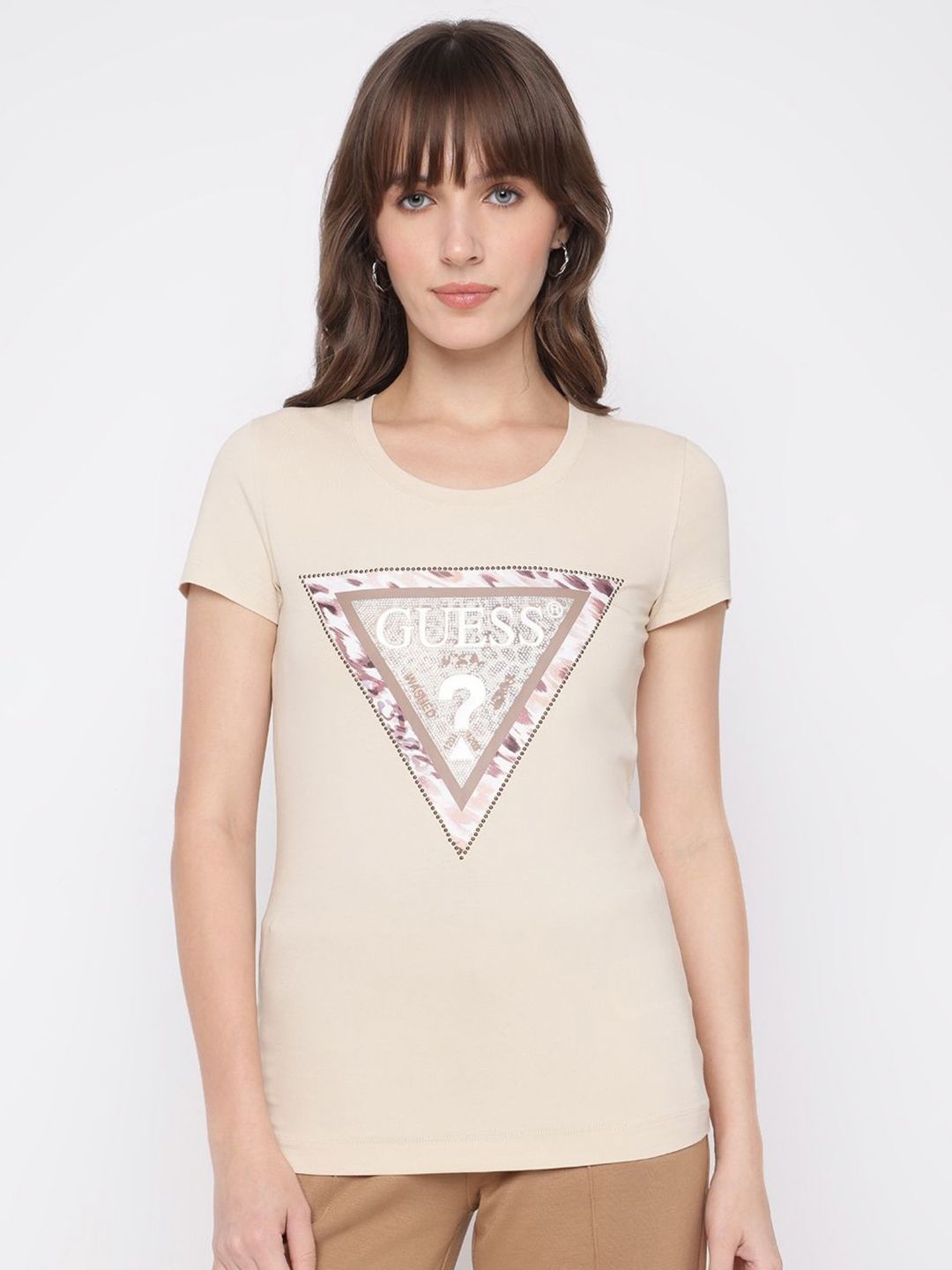 GUESS Women Solid Round Neck Slim Fit T-shirt-picture-15