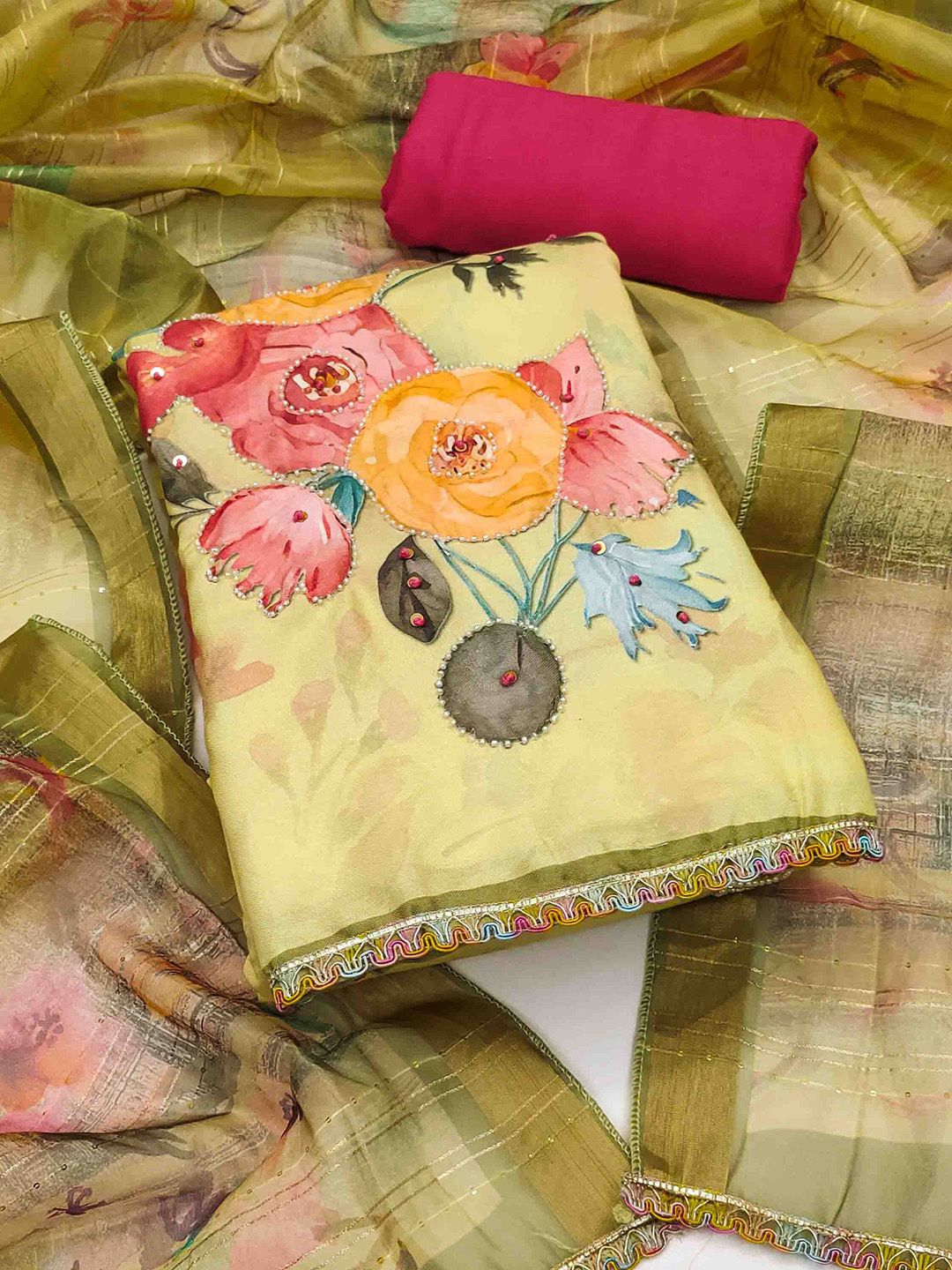 Blissta Floral Printed Beads & Stones Unstitched Dress Material-picture-14